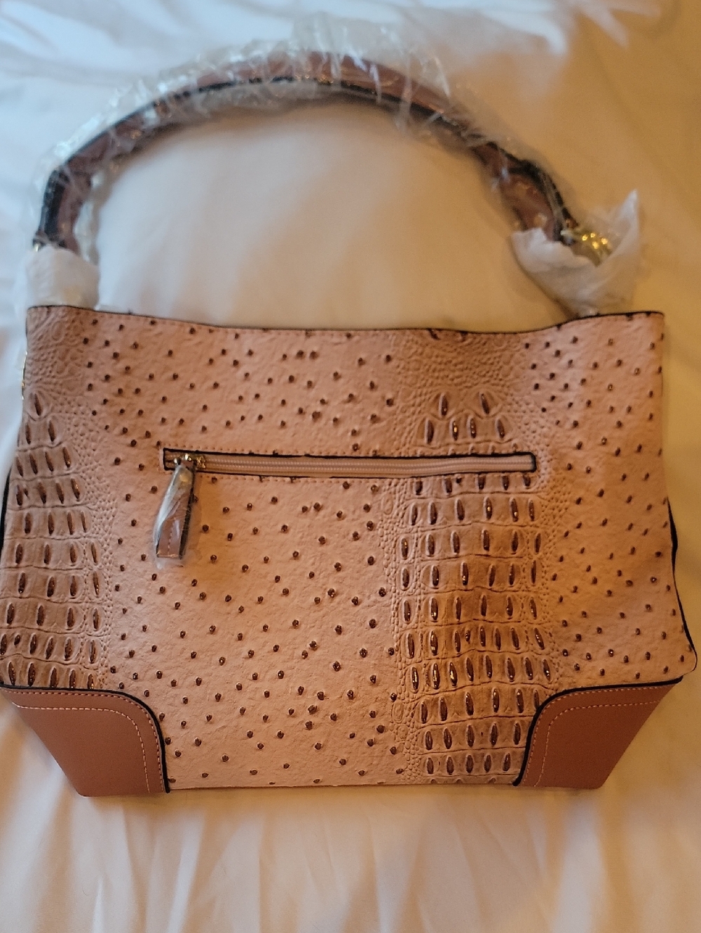 Structured Faux-Ostrich Shoulder Bag in Blush Pink